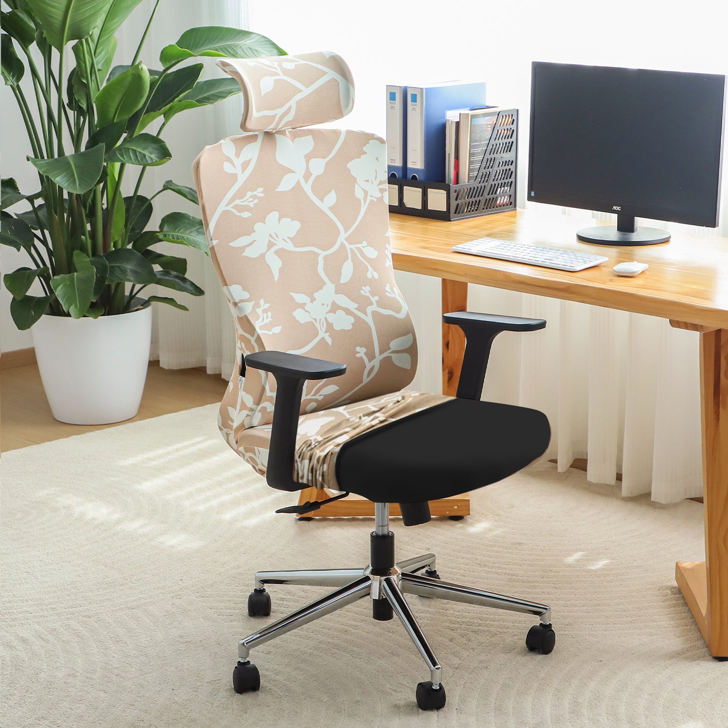 Printed Office Chair Cover with Headrest (High-Back) – 140 GSM Stretch Fabric – Washable, Anti-Slip Fit for Ergonomic Mesh Office Chairs,Buff Brown Sillehoute Floral