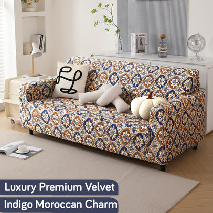 Premium Printed Velvet Sofa Cover 1/2/3 Seaters Fully Covered, Indigo Moroccan Charm