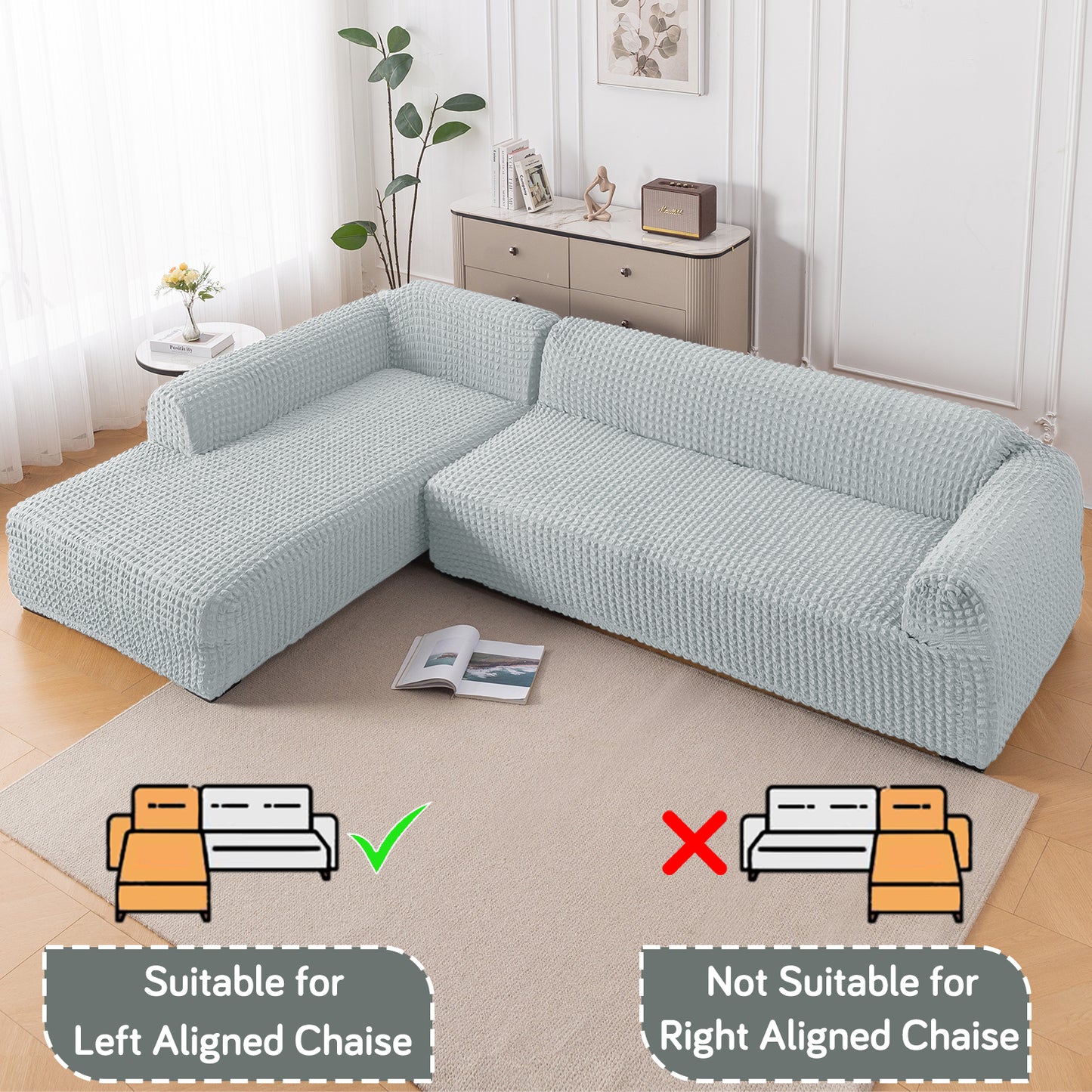 Aria Nova Bubble 2-Piece Stretchable L Shape Sofa Cover with Left Chaise, Light Grey