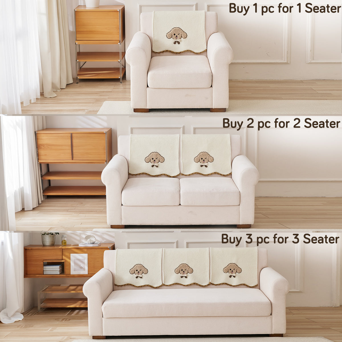 CloudHug Plush Sofa Cover Mat with PomPom and Wavy Edges, Ivory Cream