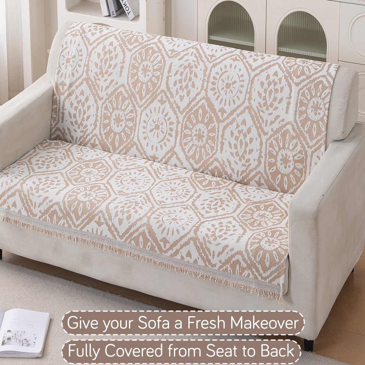 Premium 320 GSM Chenille Sofa Cover 'Serene Abode Series', Boho Floral Tile