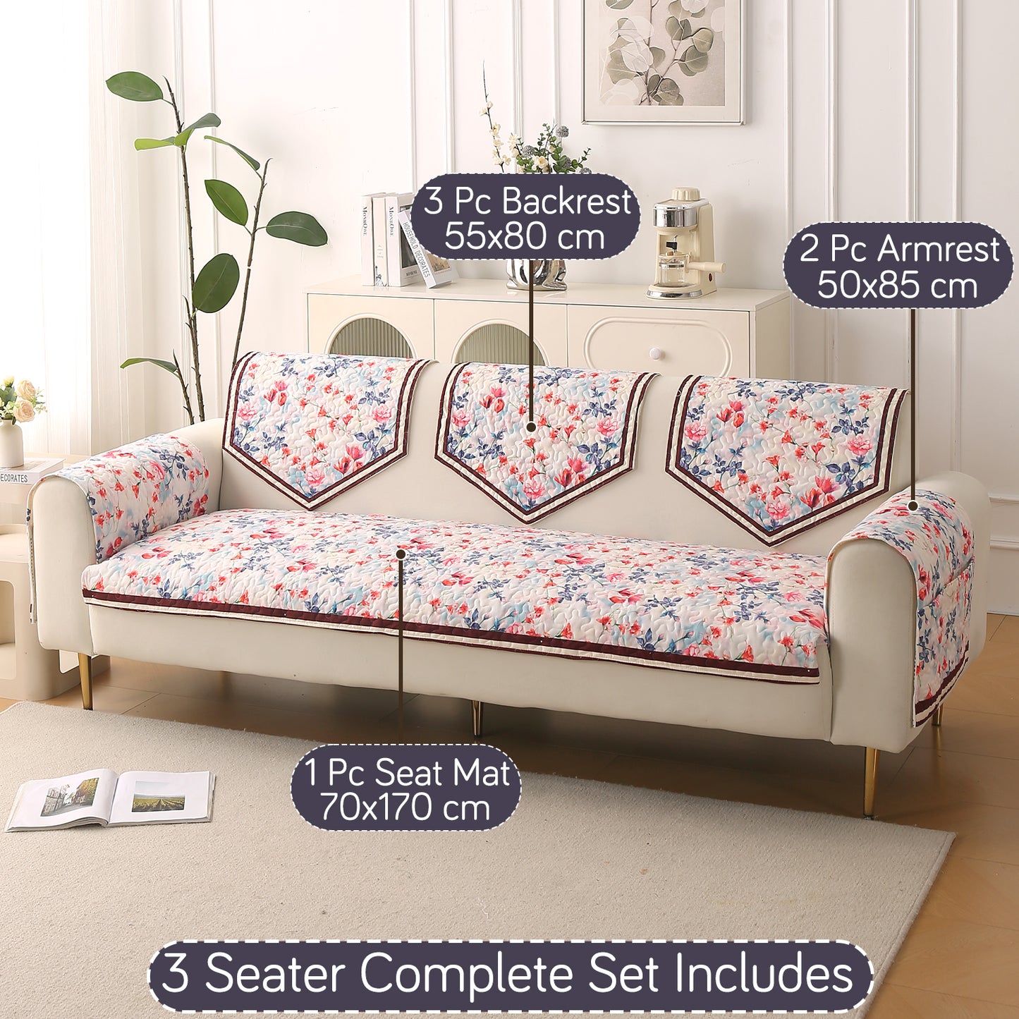 Florentina Series Printed Holland Velvet Sofa Mat - Scarlet Rose Ivory