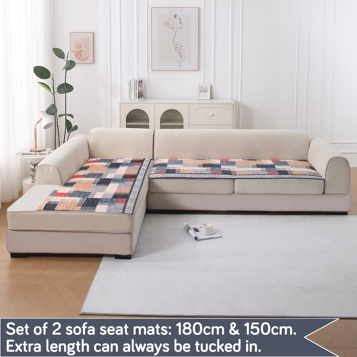 LiefNest Printed Holland Velvet L Shape Sofa Seat Mat with Foam Filling - Urban Grid Multicolor
