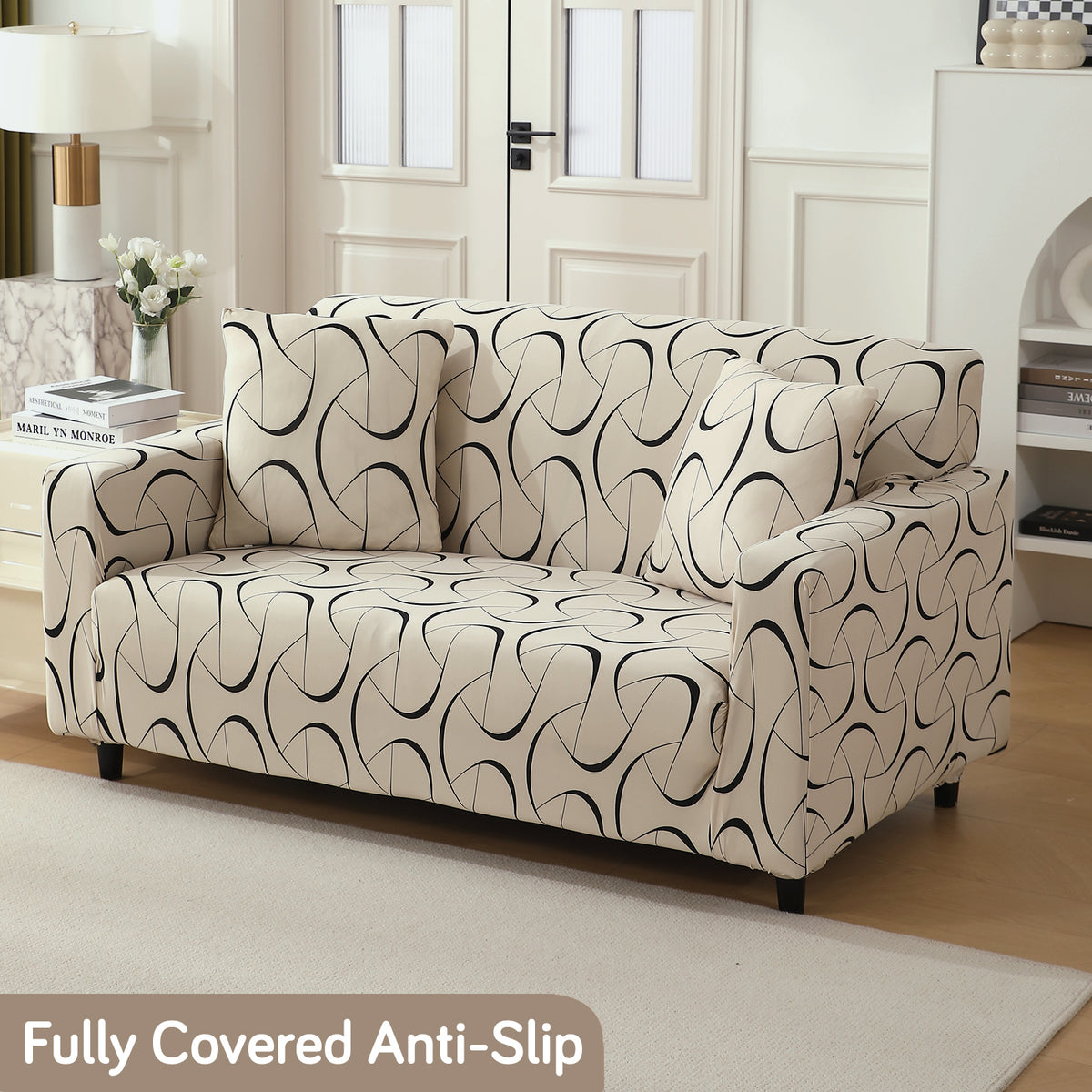 Natural Beige Abstract Art Print non slip stretchable 2 seater sofa cover
