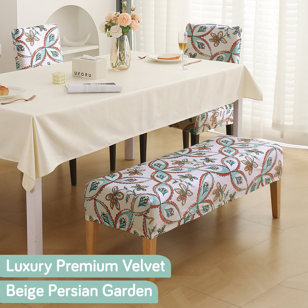 Premium Velvet Cover Set for 4 Dining Chairs + 1 Dining Bench, Beige Persian Garden