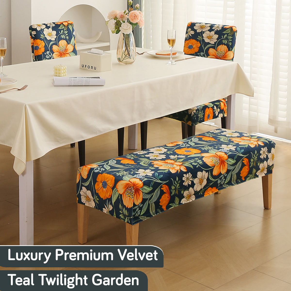 Premium Velvet Cover Set for 4 Dining Chairs + 1 Dining Bench, Teal Twilight Garden
