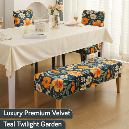 Premium Velvet Cover Set for 4 Dining Chairs + 1 Dining Bench, Teal Twilight Garden