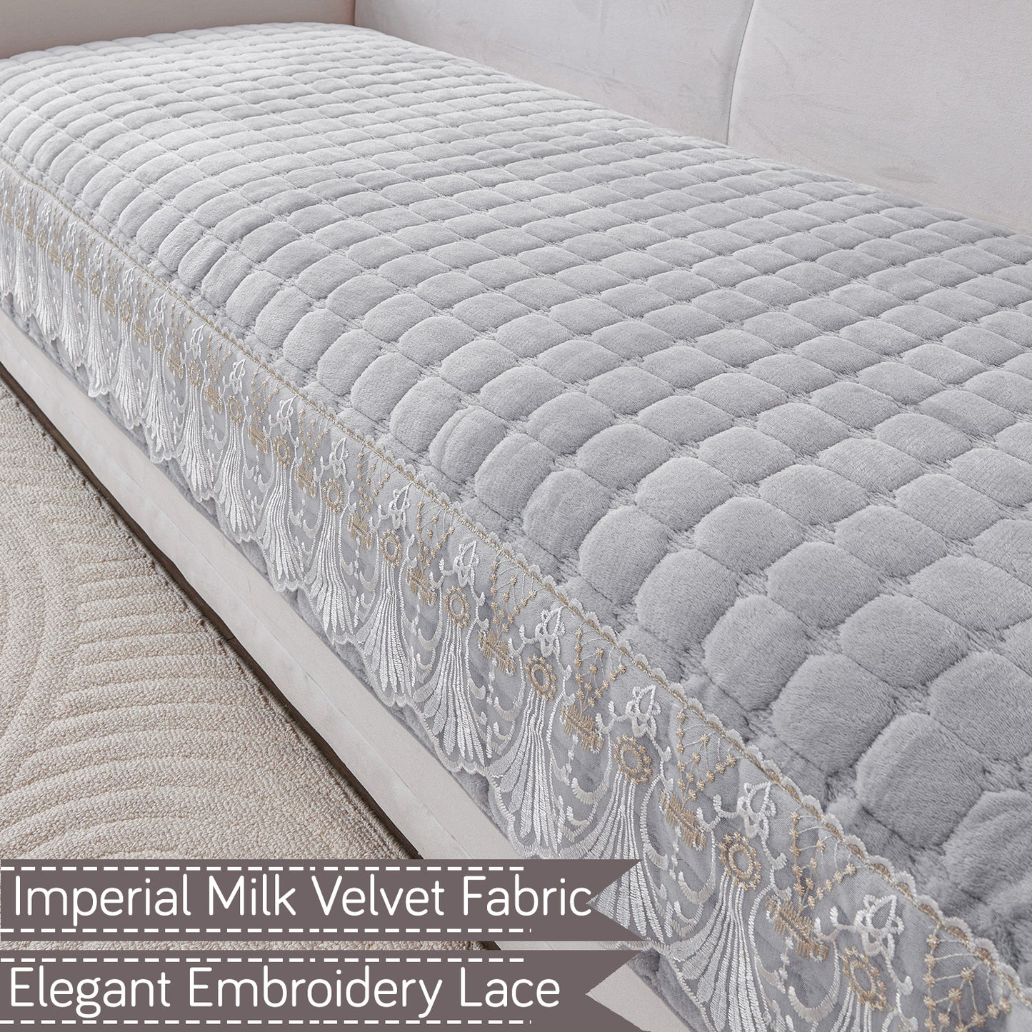 BelleLace Series Imperial Milk Velvet Sofa Cover Mat with Lace Design - Cloud Grey