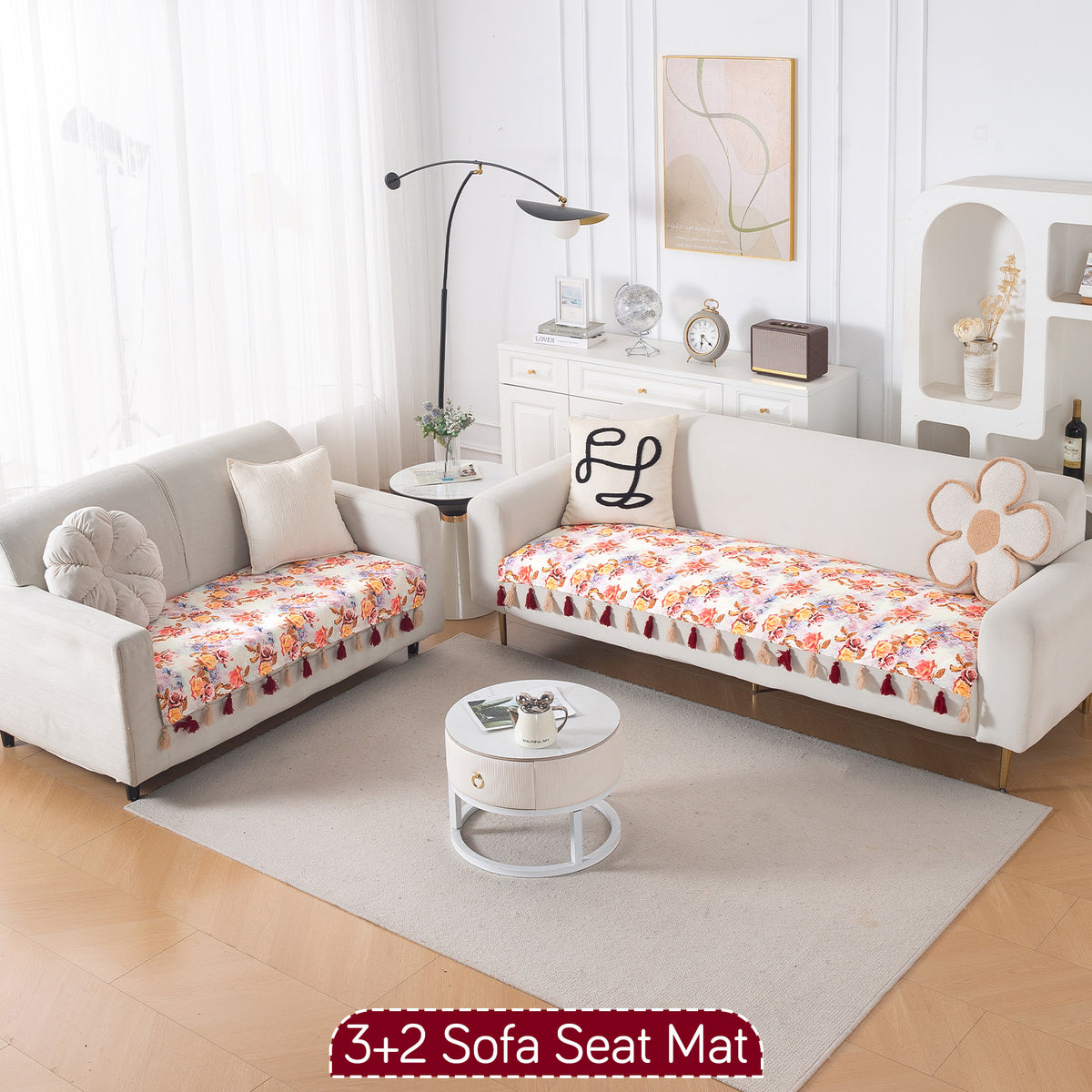 'Whispers of Nature' Series Holland Velvet Sofa Seat Mat with Tassel, Vintage Rose Bloom