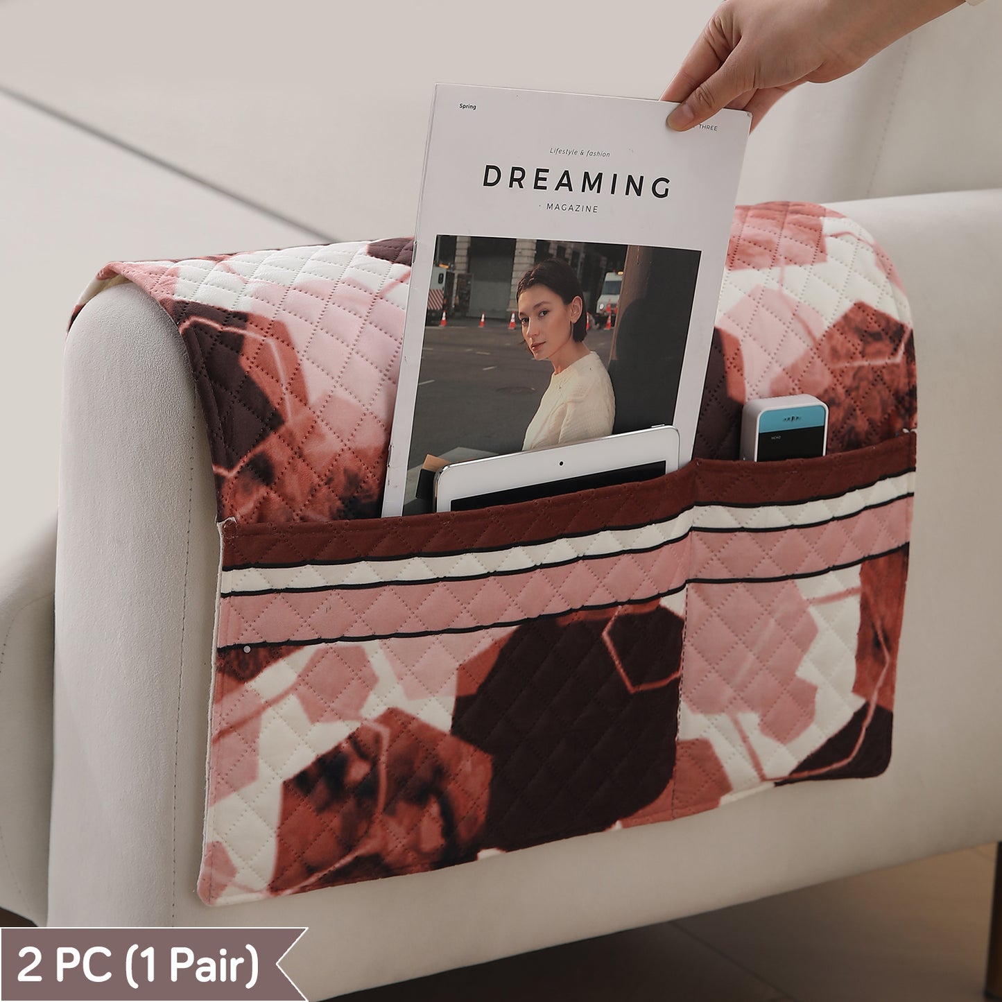 LiefNest Printed Holland Velvet Sofa Mat with Foam Filling - Geometric Hexagon Cider Red for 1/2/3 Seater & Armrest