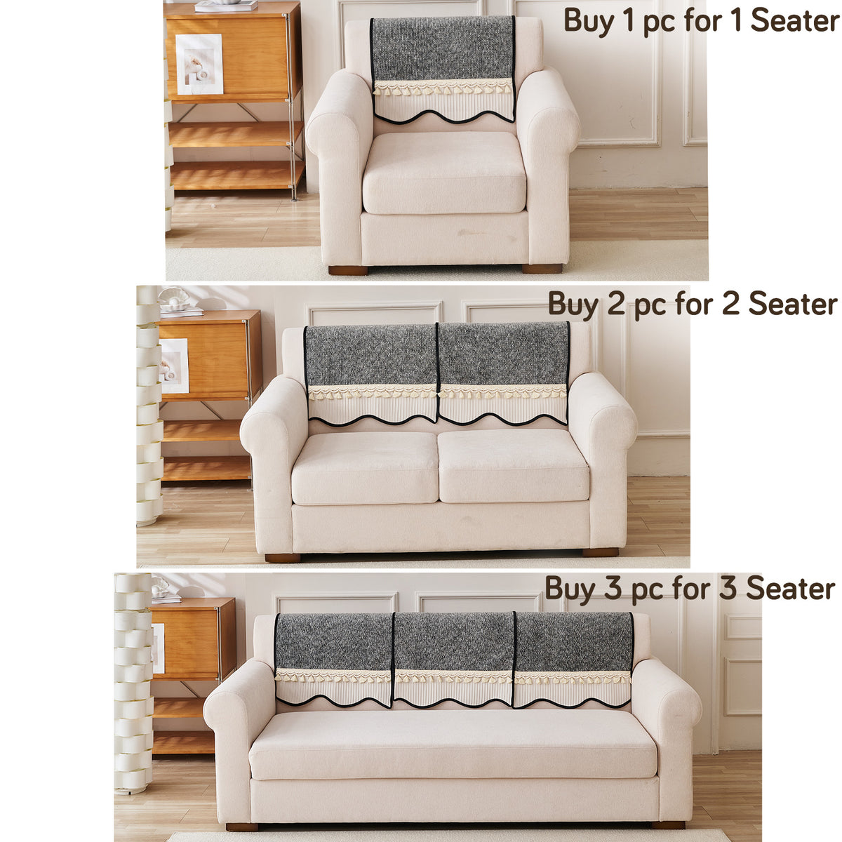'Wavy Royale Series' Thick Woven Weave Chenille Sofa Cover with Tassel, Moon Grey
