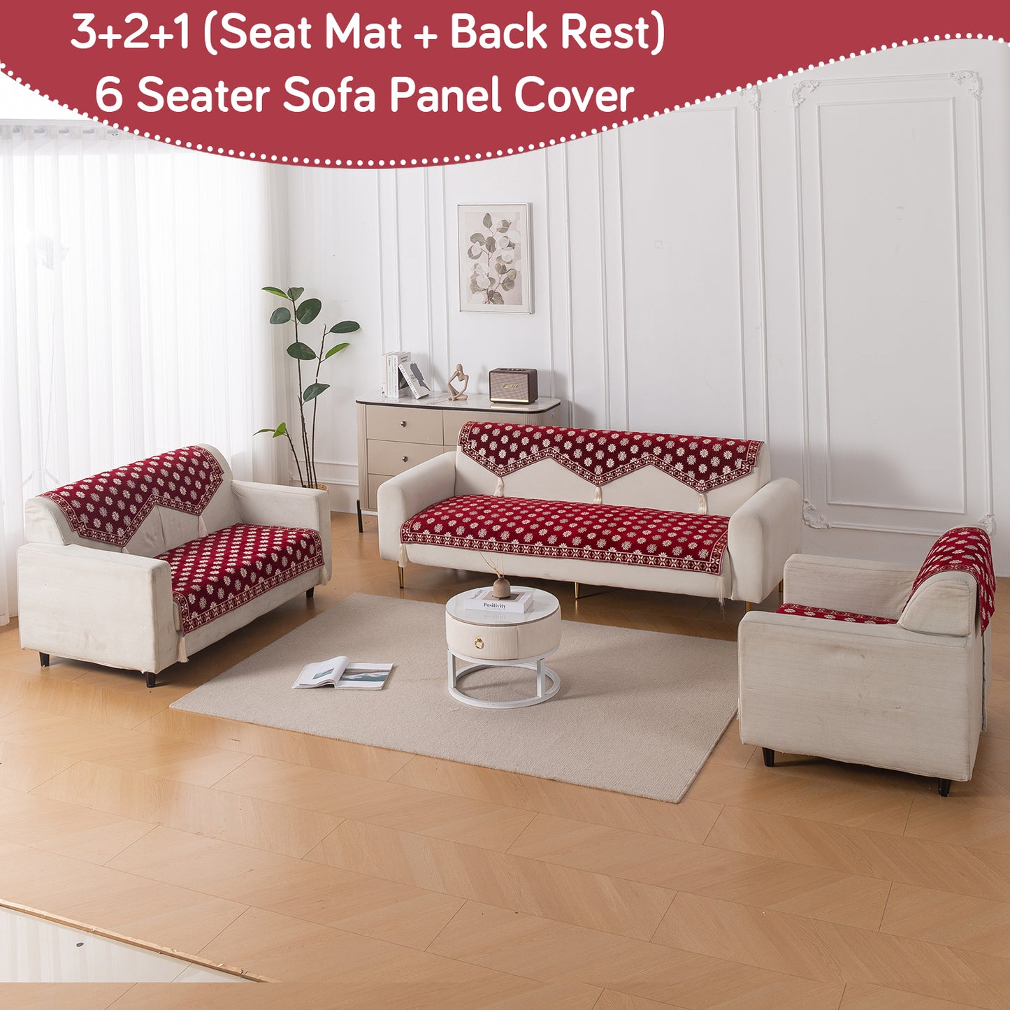 Heritage Weave Premium Jacquard Sofa Cover Set with Tassels -  Crimson Red