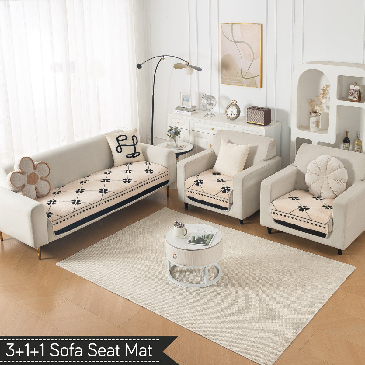 Luxury Plush Sherpa Anti Slip Combination Sofa Mat, 'Noirea Series'|Floral Lattice