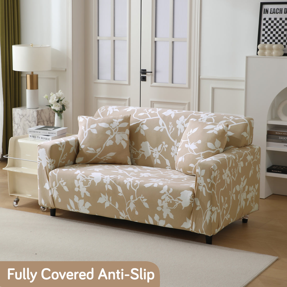 Buff brown silhouette floral print non slip elastic two seater sofa cover

