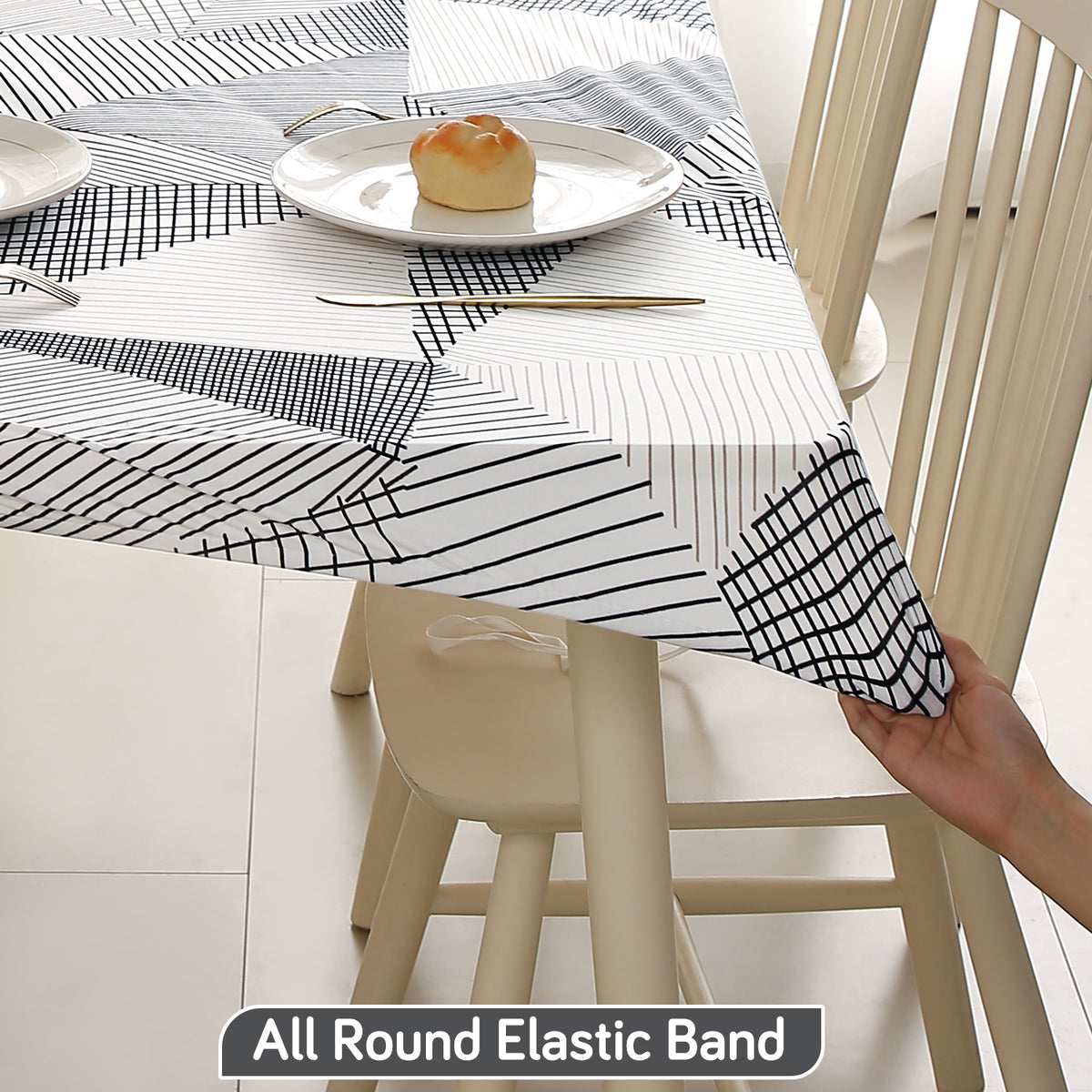 Buy Snow White Black Geometry Printed Water-Repellent Elastic Tablecloth - HOKIPO | Har Ghar Ka Humsafar