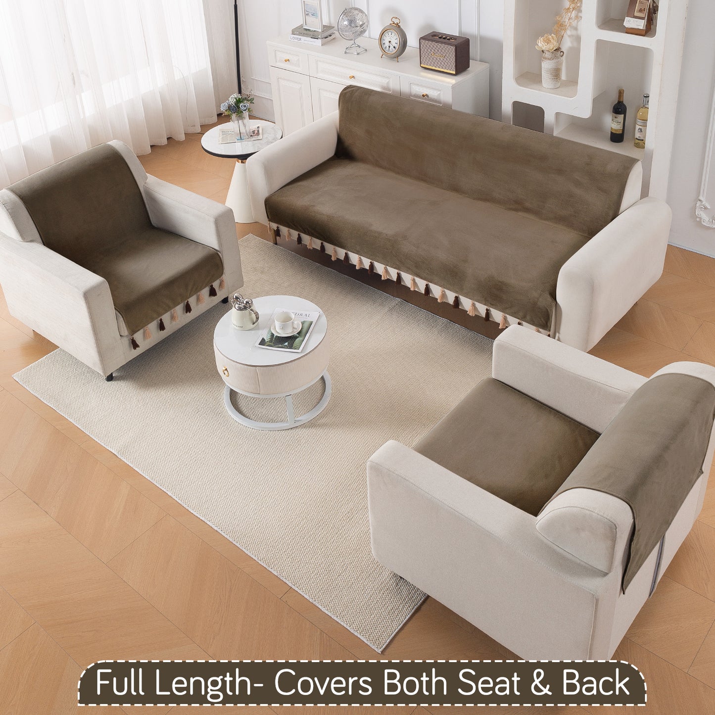 Holland Velvet 5-Seater Sofa Cover (3+1+1), TasselTone Series | Coffee Brown