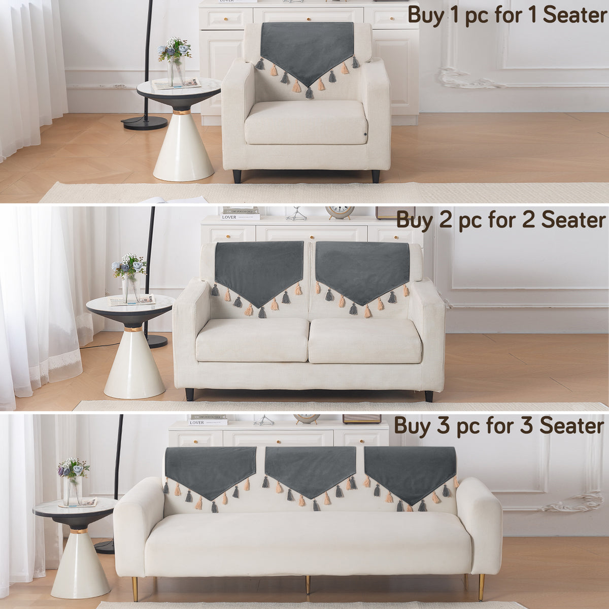 Tassel Tone Holland Velvet Sofa Cover Mat, Graphite Grey