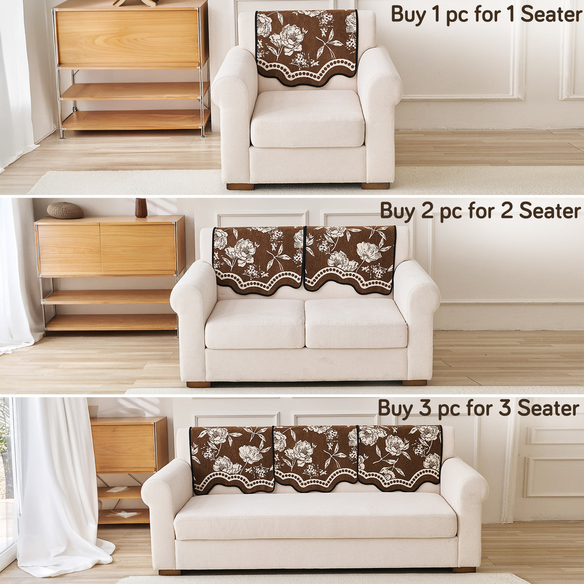 Chenille Sofa Cover Mat with Curvy Edges, 'Retro Curves Series' Sofa Mat, Walnut Brown