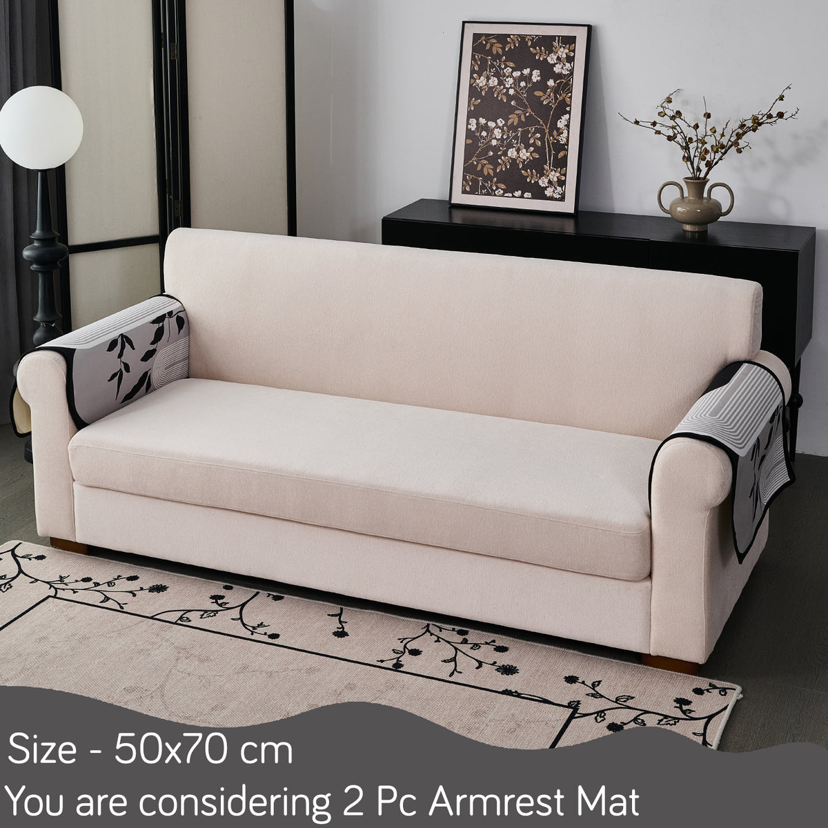 Arcea Chenille With Curved Edges Sofa Cover Mat, Grey Abstract Botanical