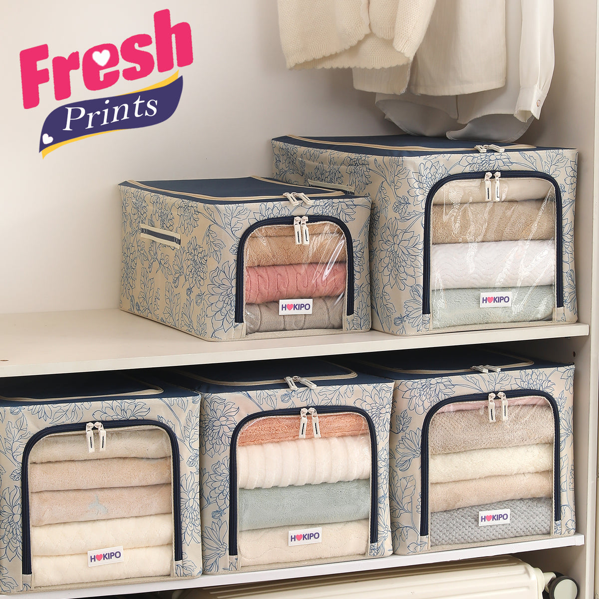 Foldable Cloth Storage Organizer for Wardrobe, Blue Blossom