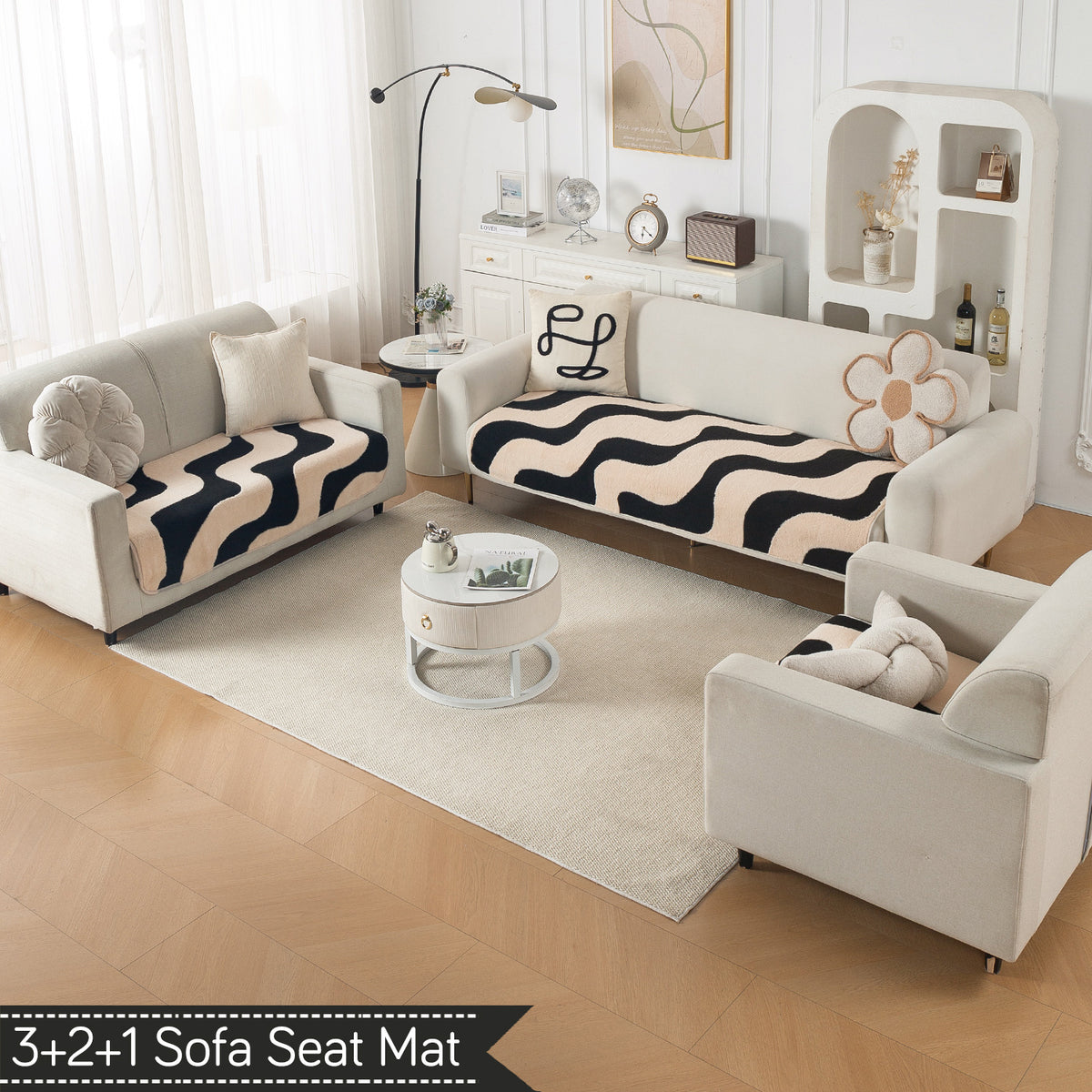Luxury Plush Sherpa Anti Slip Combination Sofa Mat, 'Noirea Series'|Wavy Stripe