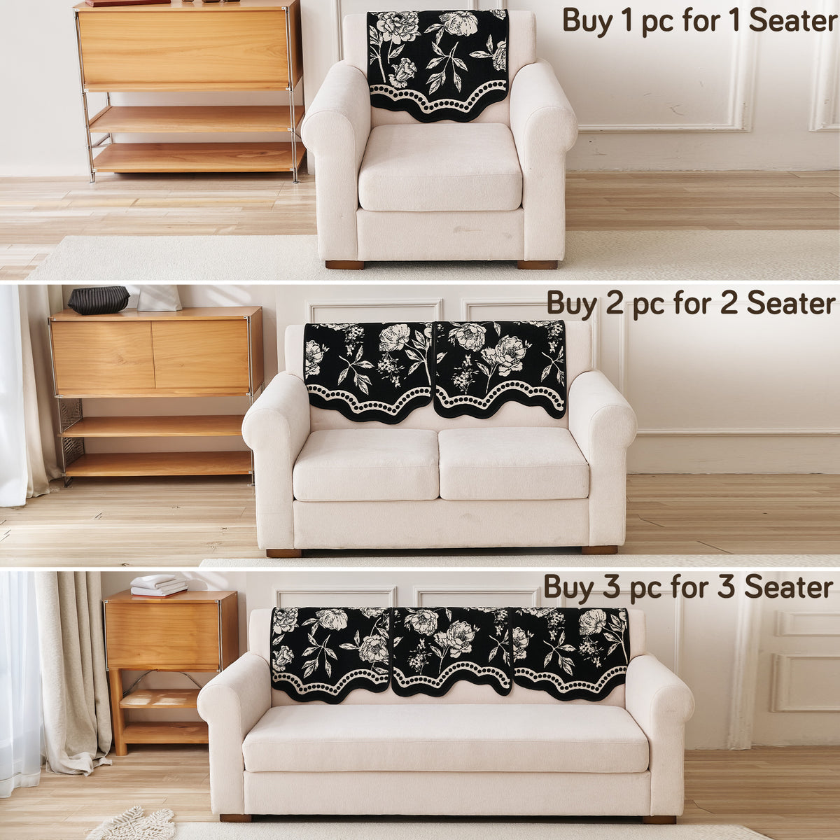 Chenille Sofa Cover Mat with Curvy Edges, 'Retro Curves Series' Sofa Mat, Classic Black
