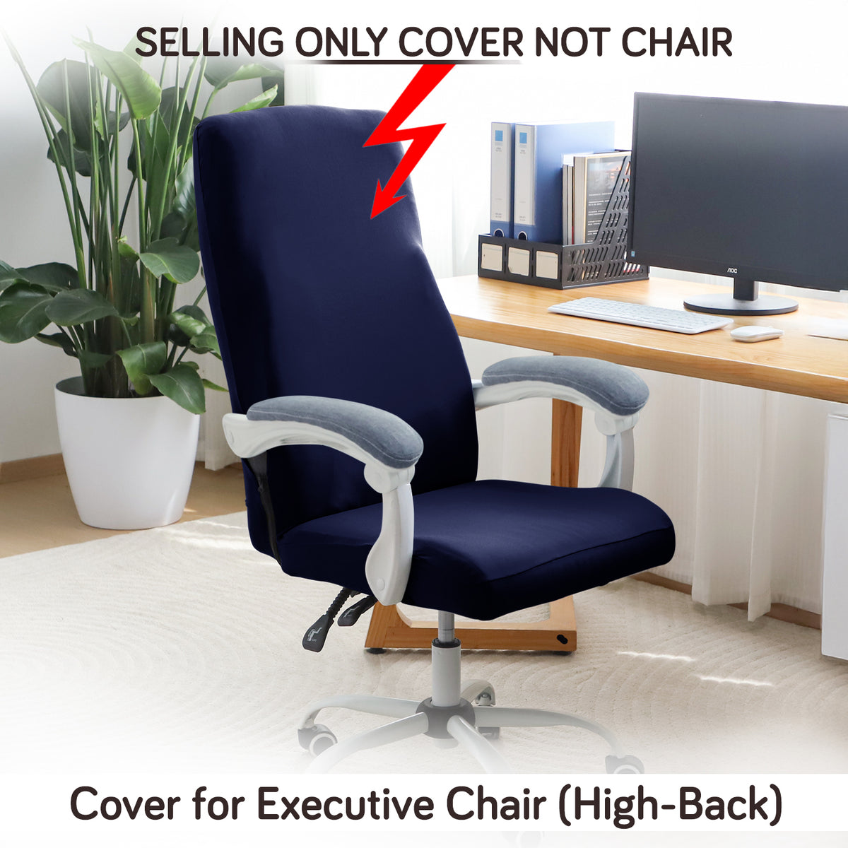 Office Chair Cover for Executive Chair (High-Back) – 140 GSM Stretchable Fabric – Washable & Anti-Slip – Fits Big & Tall Office Chairs, Navy Blue