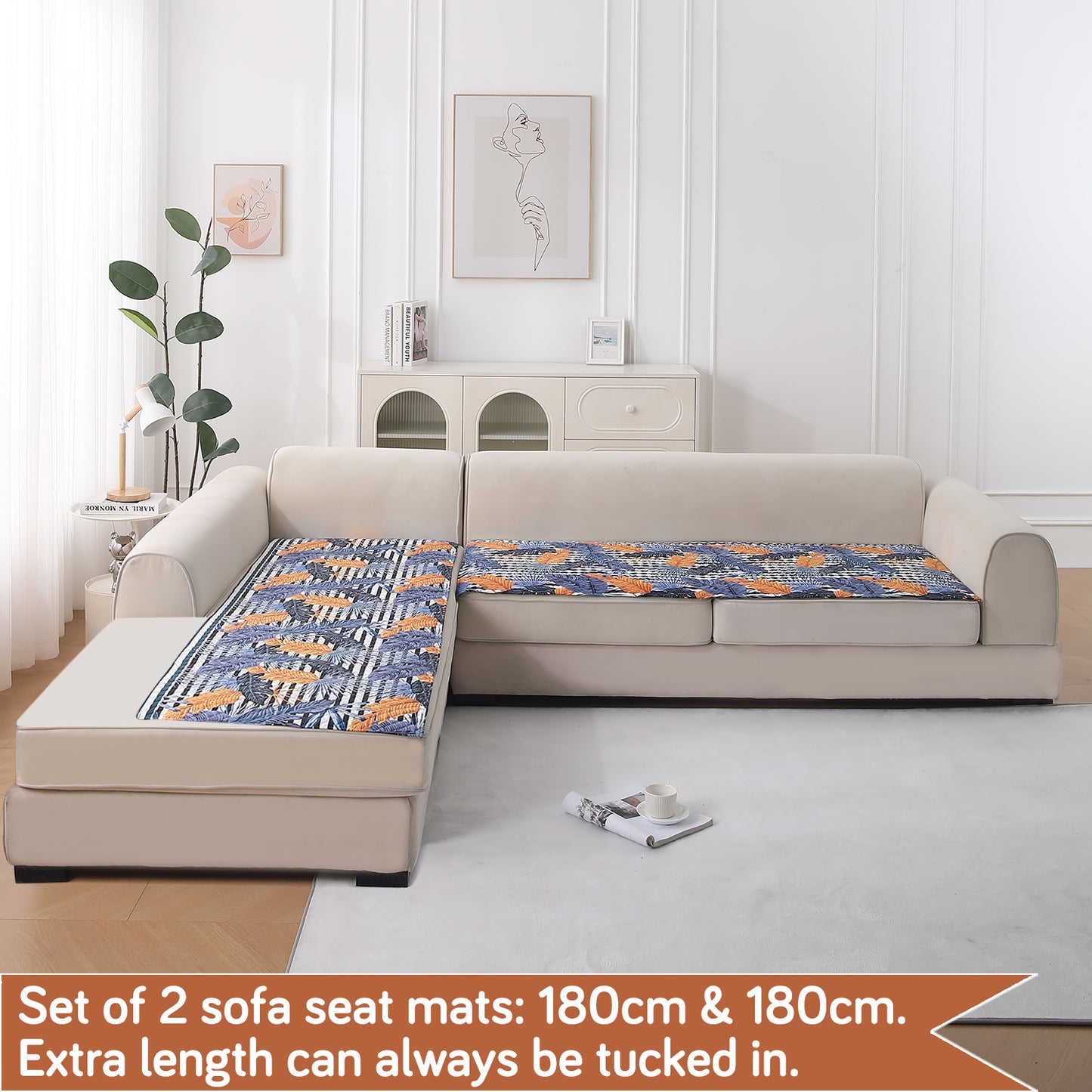 LiefNest Printed Holland Velvet L Shape Sofa Seat Mat with Foam Filling - Tropical Leaves Dusk Blue