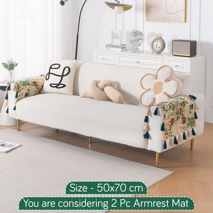 'Whispers of Nature' Series Holland Velvet Sofa Mat with Tassel, Beige Woodland Bloom