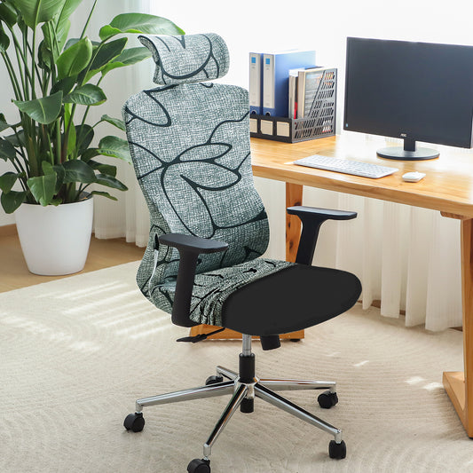 Printed Office Chair Cover with Headrest (High-Back) – 140 GSM Stretch Fabric – Washable, Anti-Slip Fit for Ergonomic Mesh Office Chairs, Intense Grey Abstract Floral