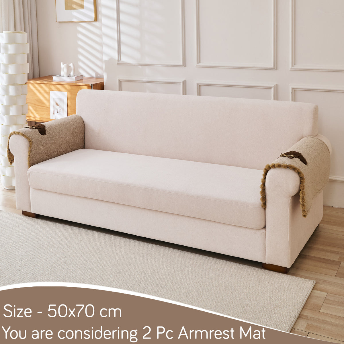 CloudHug Plush Sofa Cover Mat with PomPom and Wavy Edges, Vanilla Latte