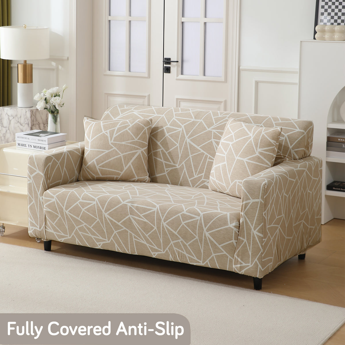 buy Beige Abstract Geometry Print modern Elastic two seater sofa cover​s  