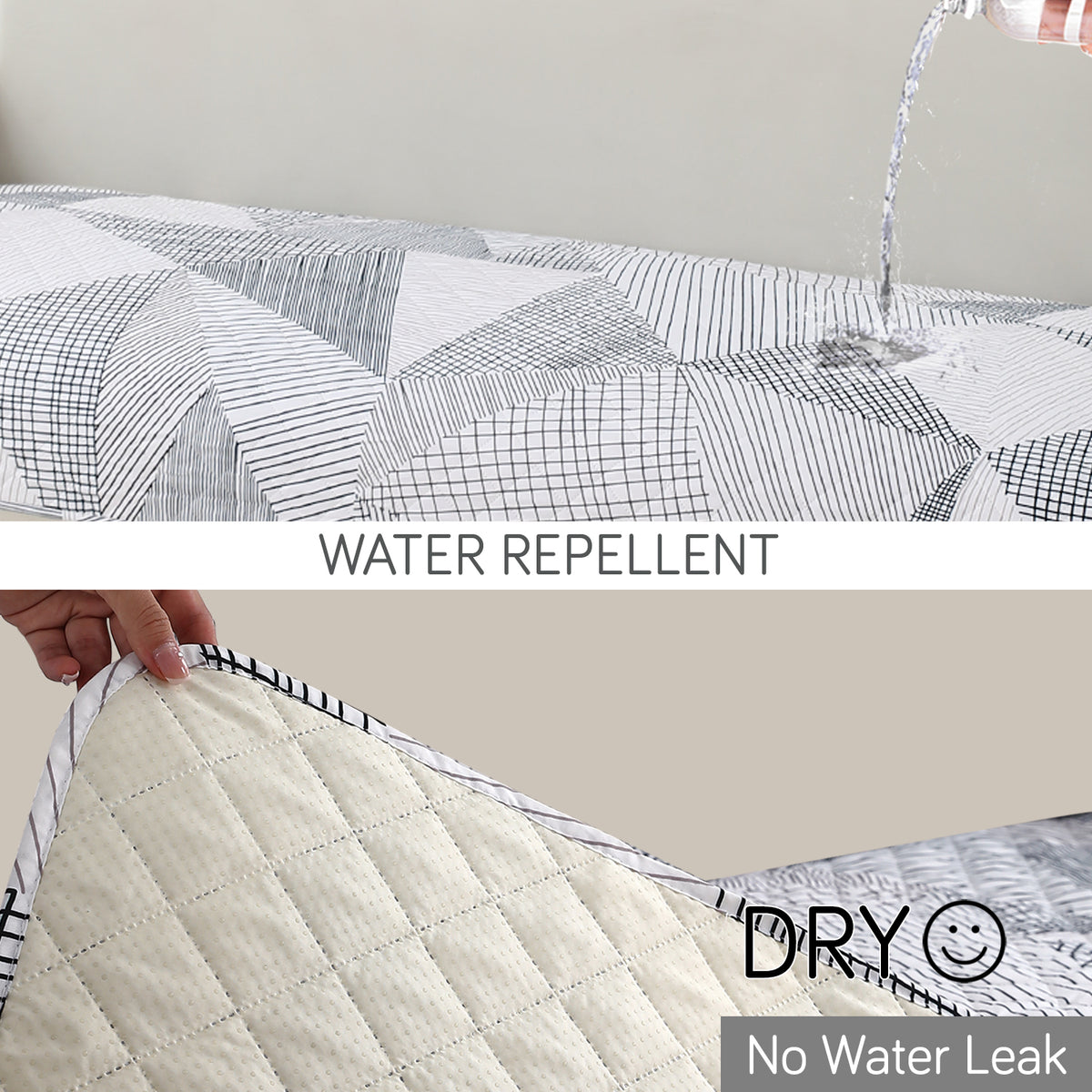 Water Repellent + Waterproof Quilted Sofa Mats, Snow White Black Geometry