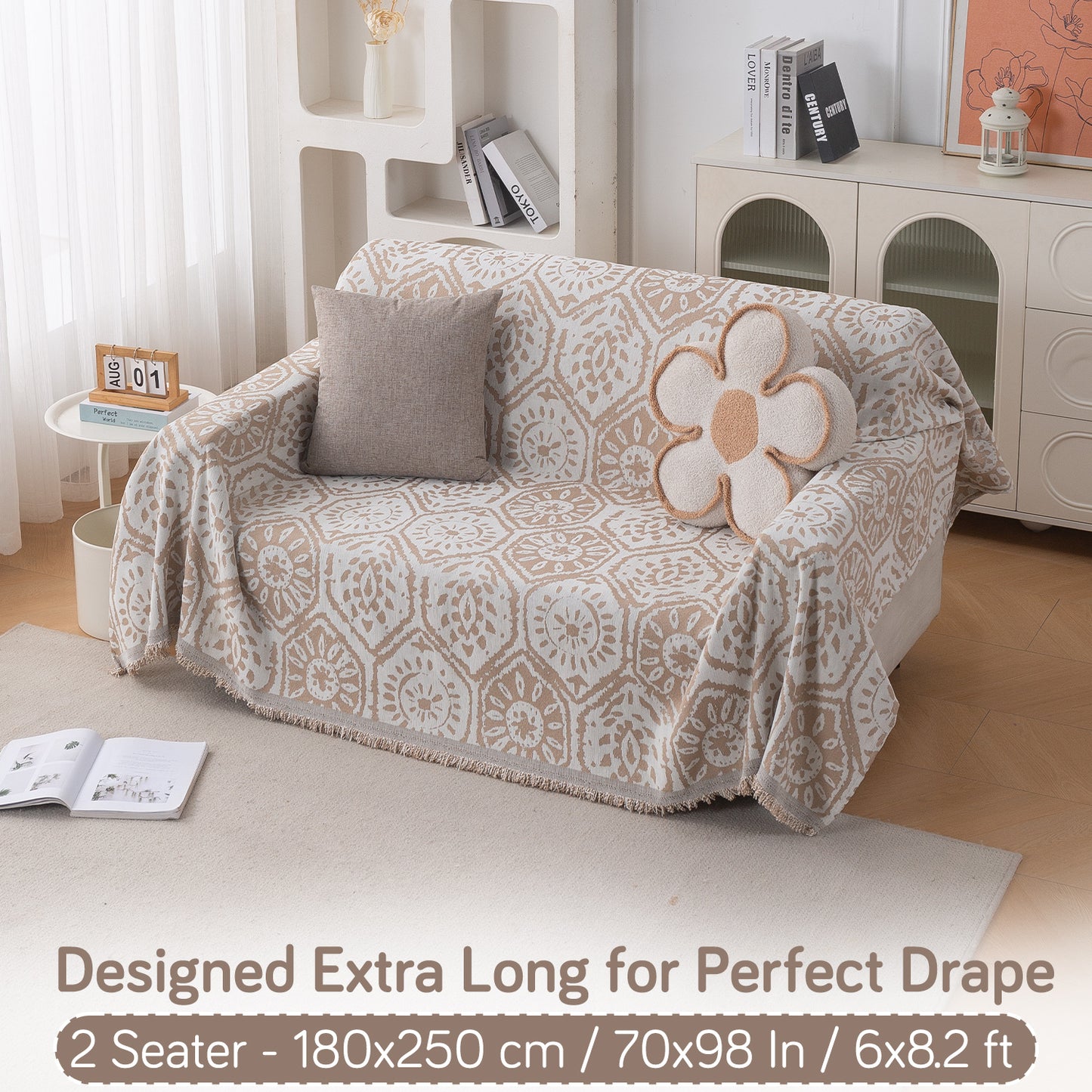 Premium 320 GSM Chenille Sofa Cover Throw All Season 'Serene Abode Series', Boho Floral Tile