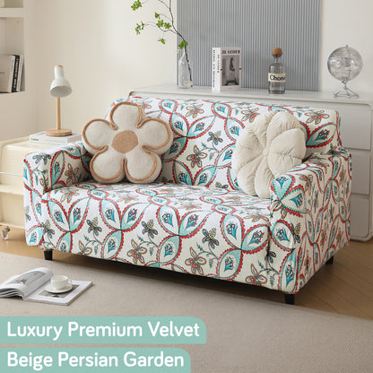 Premium Printed Velvet Sofa Cover 1/2/3 Seaters Fully Covered, Beige Persian Garden