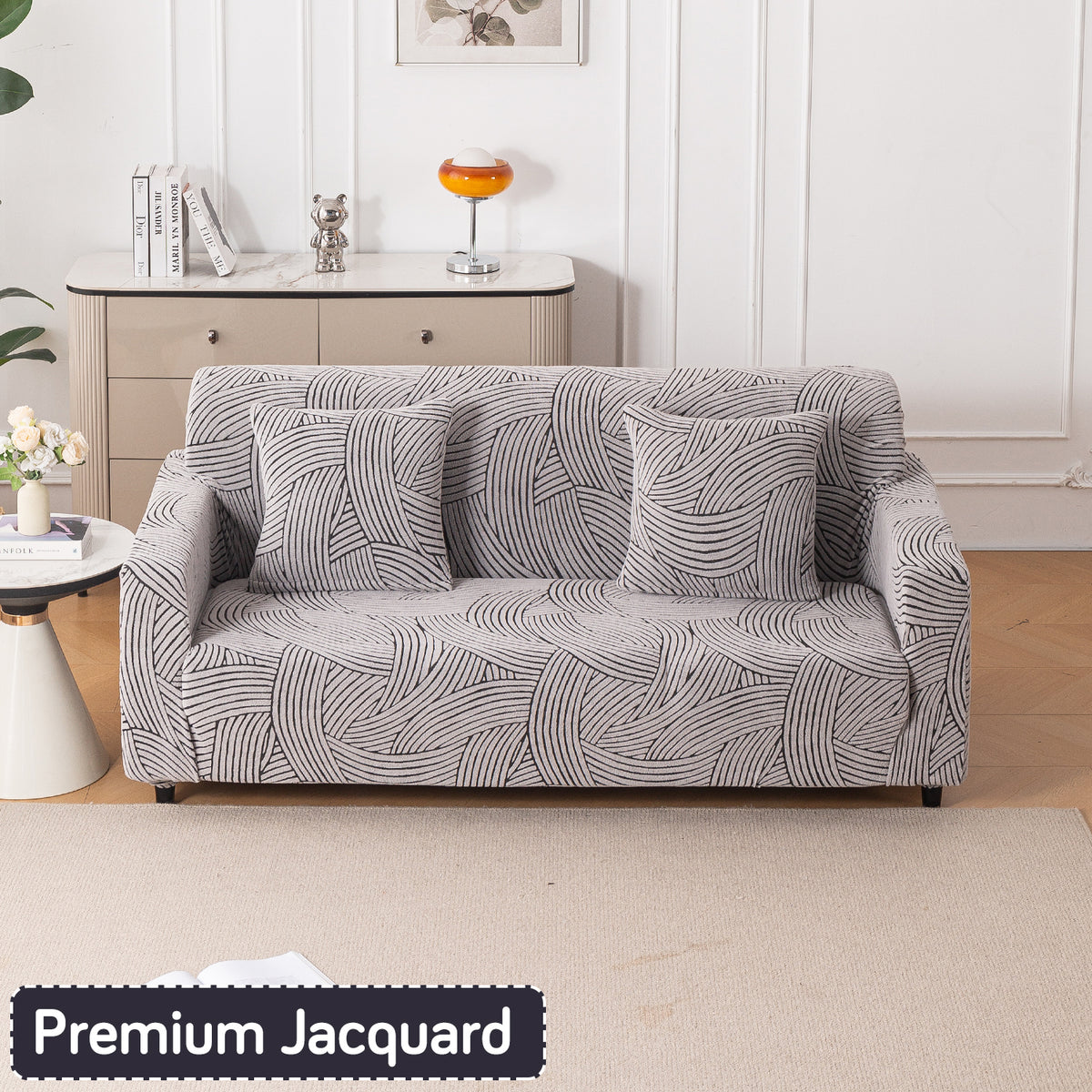 Buy ash grey colour waveline series jacquard three seater sofa cover​ and cushion cover
