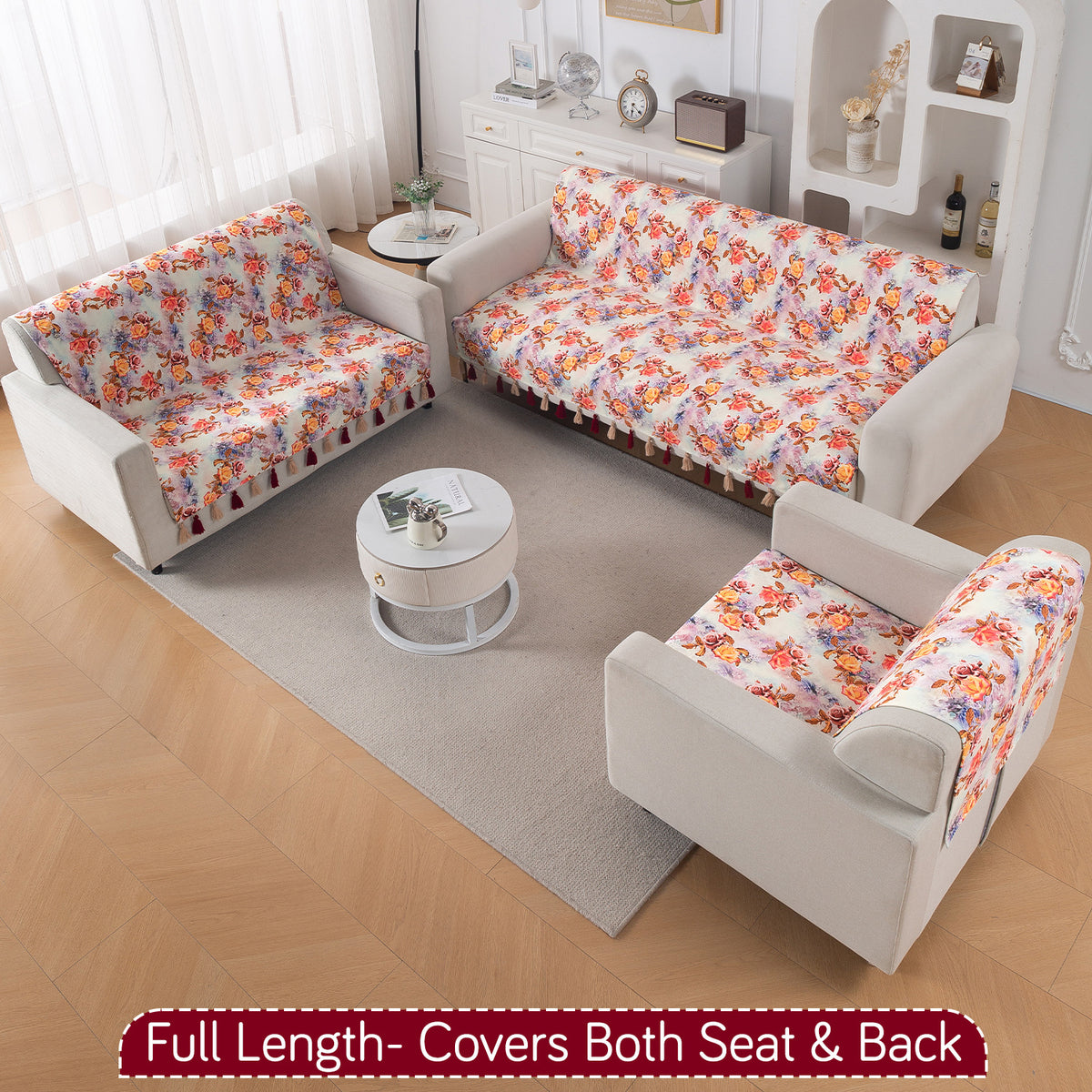 'Whispers of Nature' Series Holland Velvet Sofa Cover with Tassel, Vintage Rose Bloom