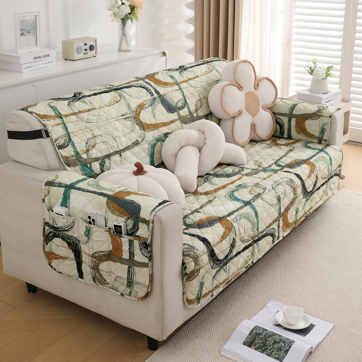Waterproof & Quick-Dry Quilted Sofa Cover with Pockets on Armrest, Parchement Beige Abstract Art