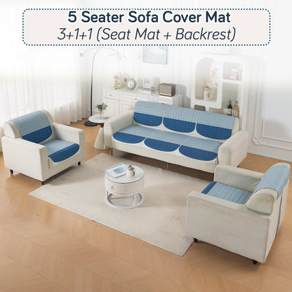 'Comfort Grid Series' Premium Quilted 5 (3+1+1) Seater Sofa Cover Set with Foam Filling | Ice Blue