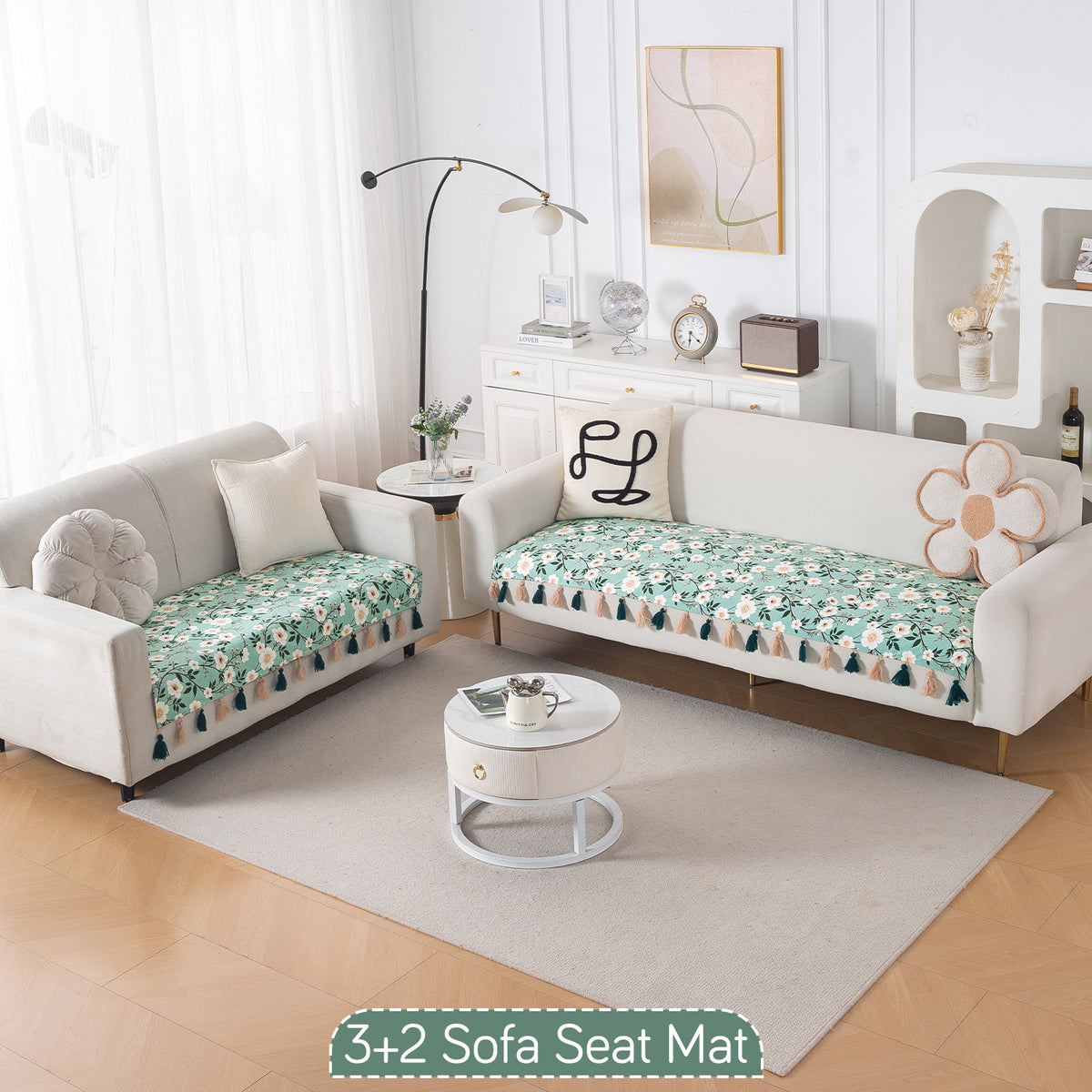 'Whispers of Nature' Series Holland Velvet Sofa Seat Mat with Tassel, Sage Floral Vine