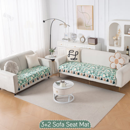 'Whispers of Nature' Series Holland Velvet Sofa Seat Mat with Tassel, Sage Floral Vine