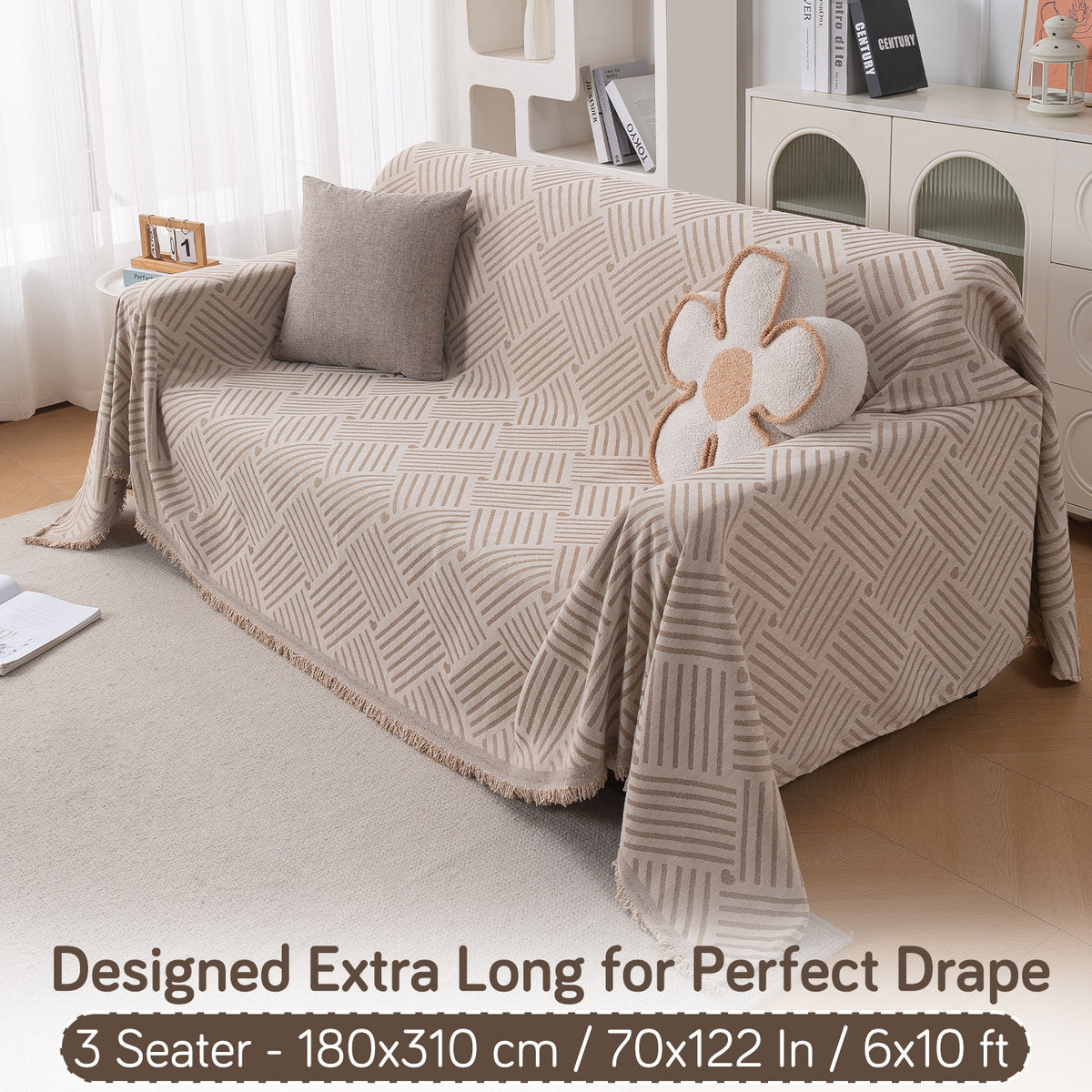 Buy Beige Geo Weave Serene Abode Chenille Three Seater Sofa Throw | HOKIPO