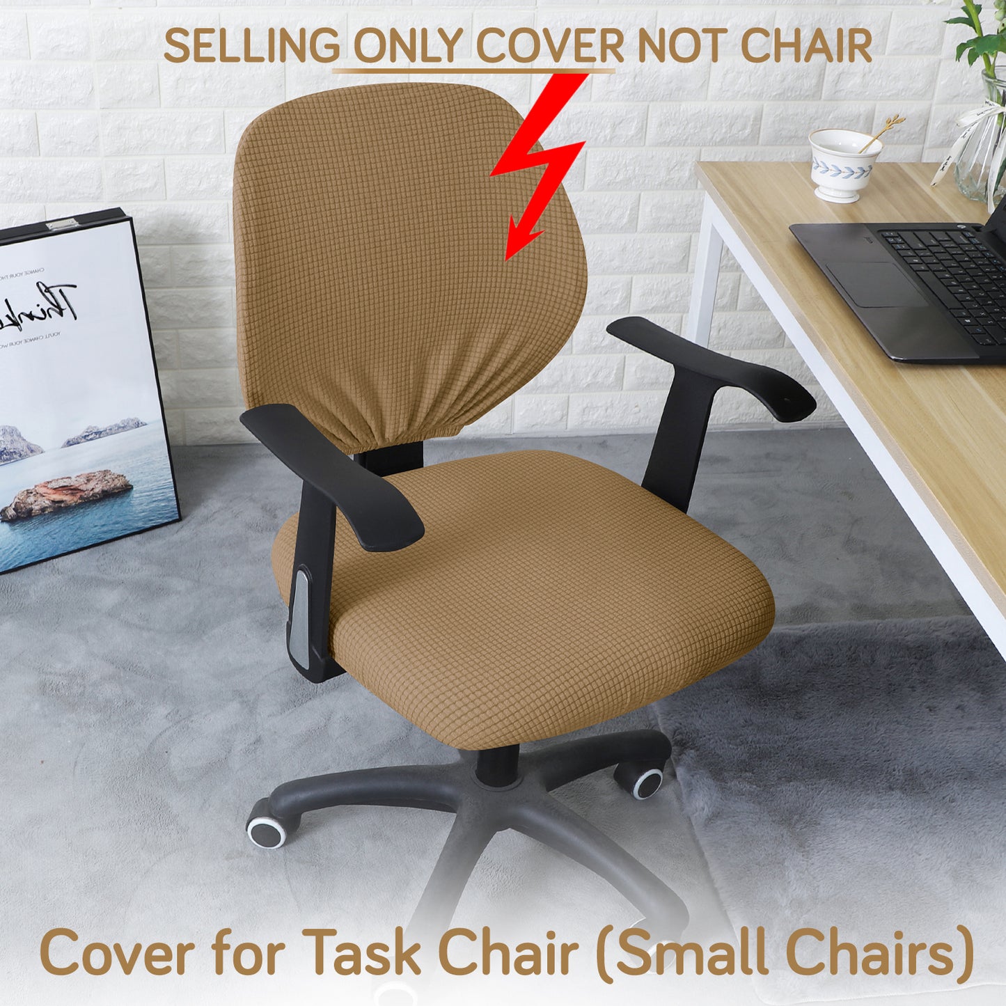 Water Repellent Office Chair Cover for Task Chair – 210 GSM Stretchable Jacquard – Washable & Anti-Slip – Fits Small Office Chairs Without Headrest, Light Brown