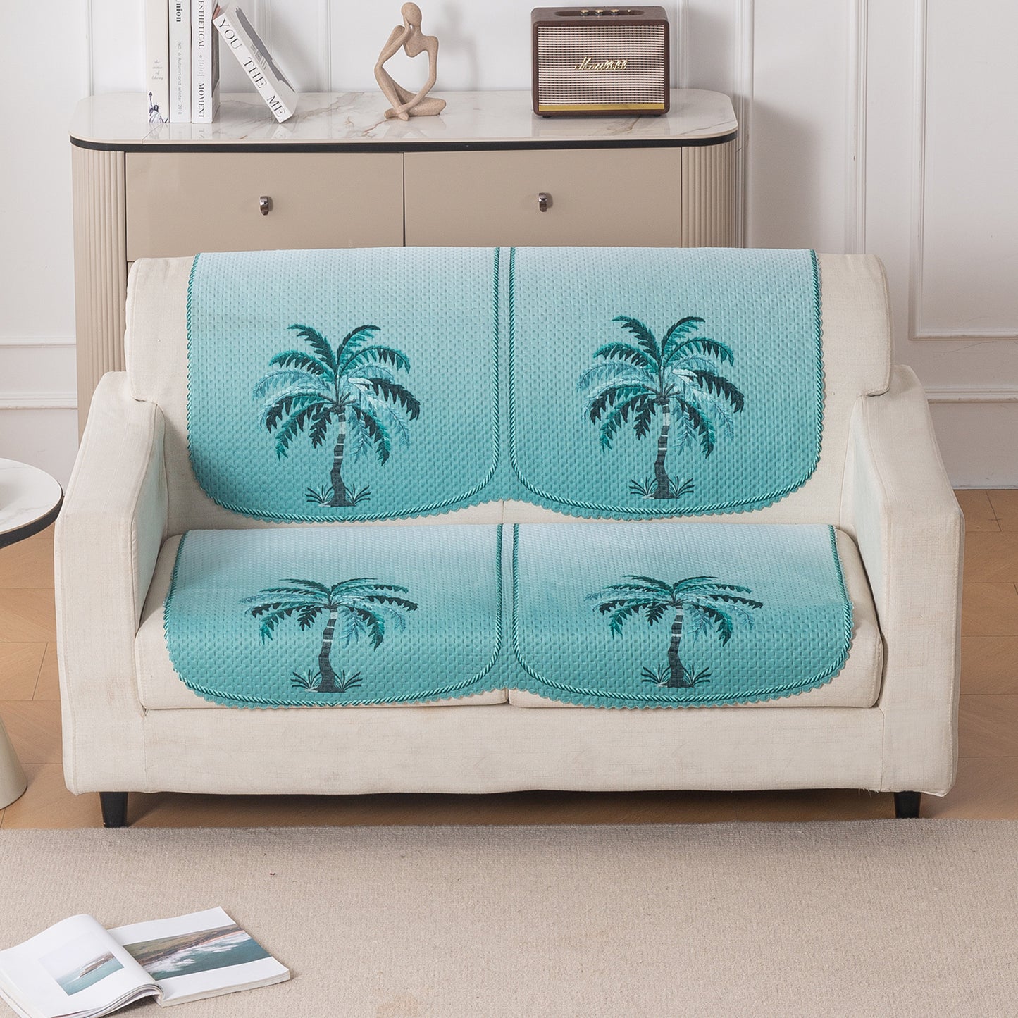 HeavenHue Fleece Soft Touch Quilted Sofa Cover Set Washable Sofa Panel for Seat & Back - Island Breeze