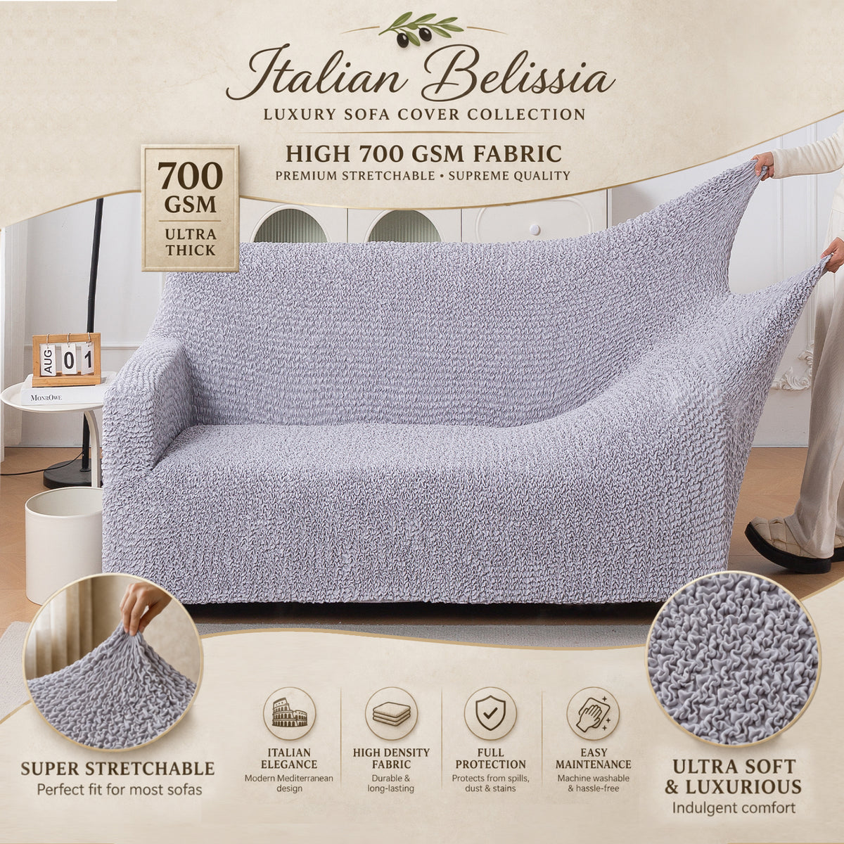 Italian Belissia Luxe Series' Super Stretchable Microfiber 1/2/3 Seater Sofa Cover, Ice Grey