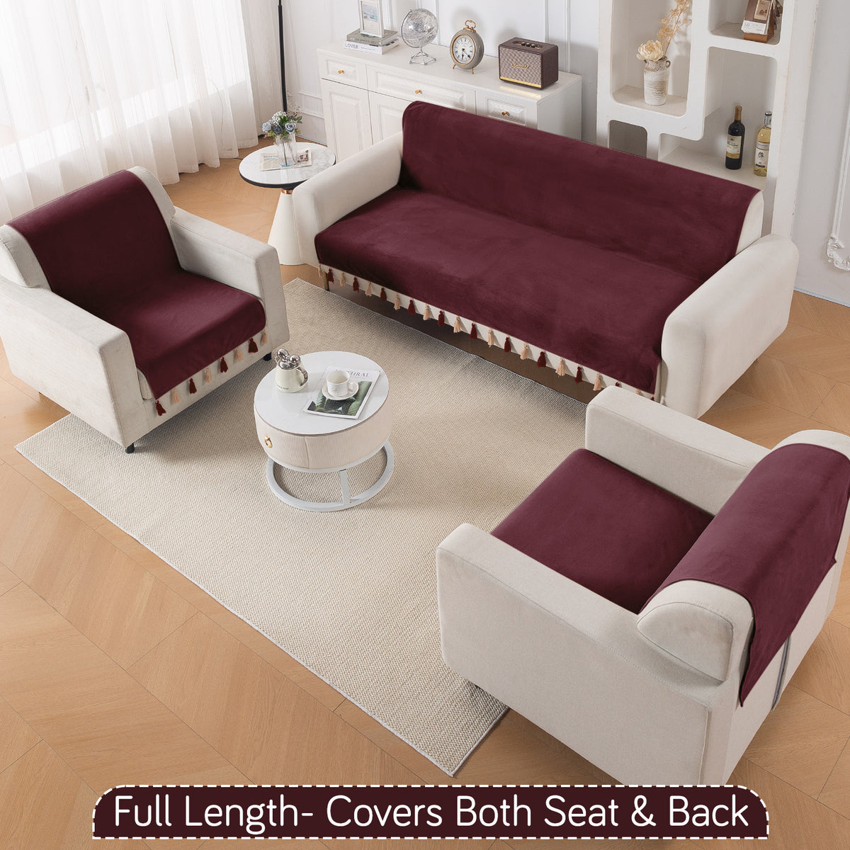 Holland Velvet 5-Seater Sofa Cover (3+1+1), TasselTone Series | Wine Red