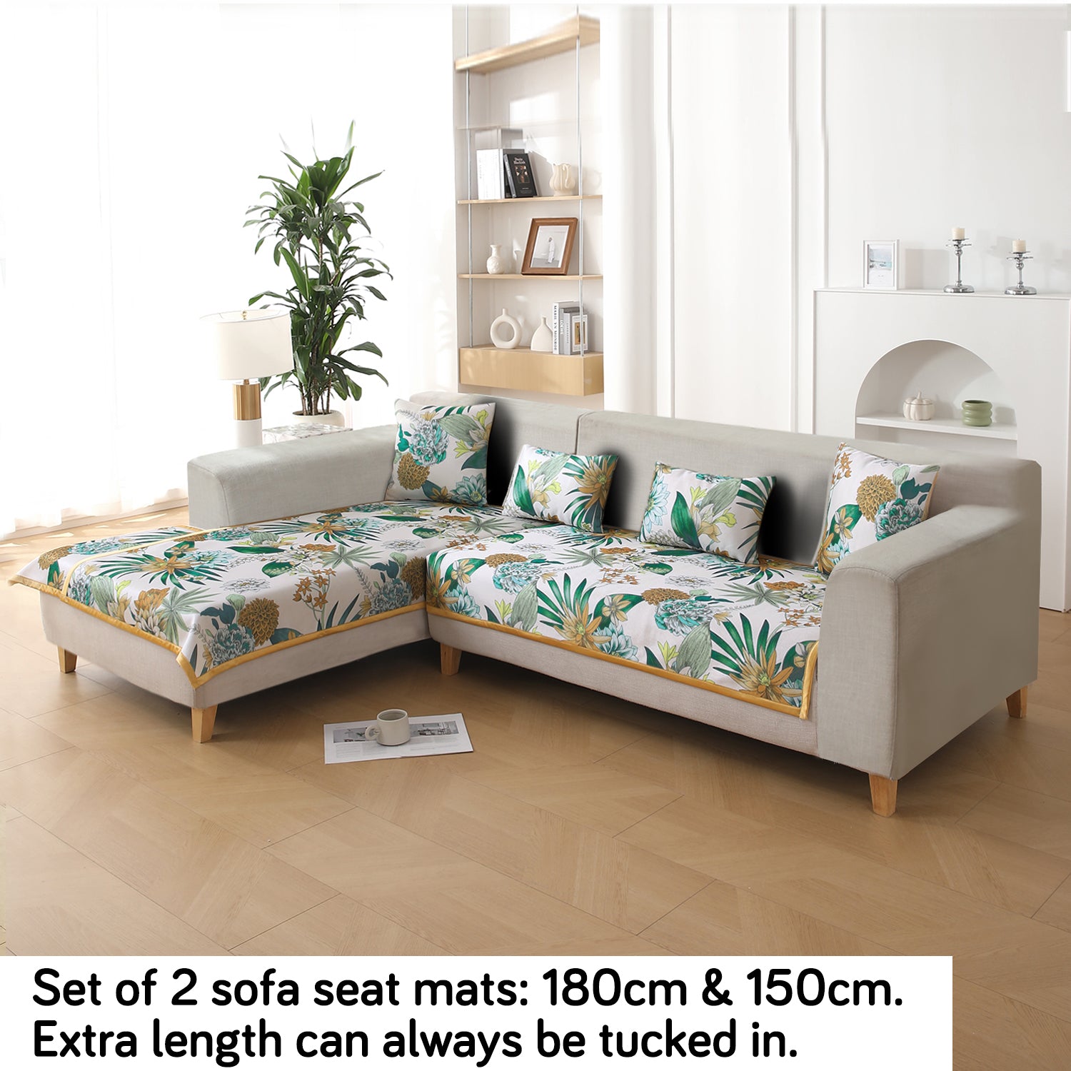 Premium Printed Ice Silk Sofa Mat for 3 Seater and 2 Seater Sofa (L Shape), Pine Green Floral