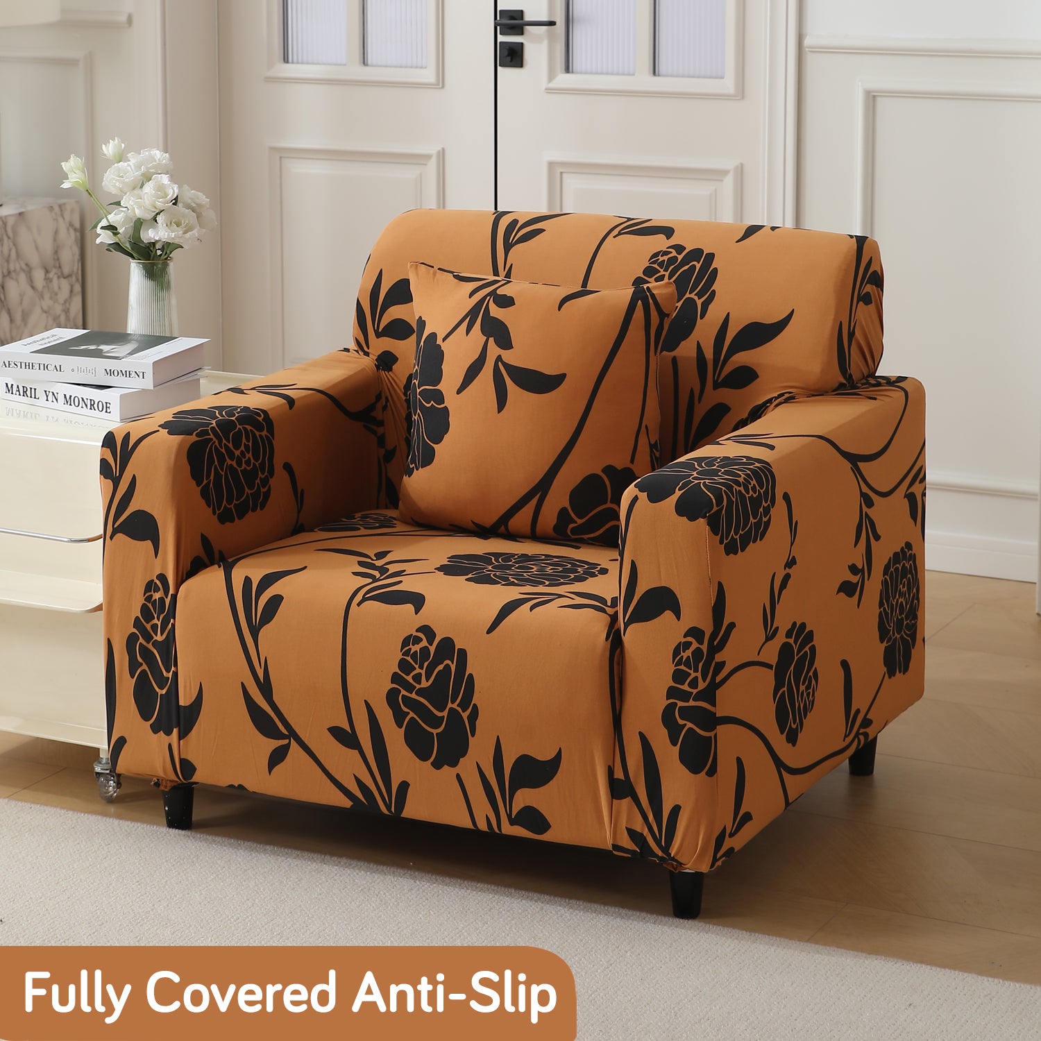 Copper Brown Floral Printed non slip elastic 1 seater sofa cover​
