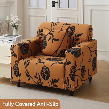 Copper Brown Floral Printed non slip elastic 1 seater sofa cover​