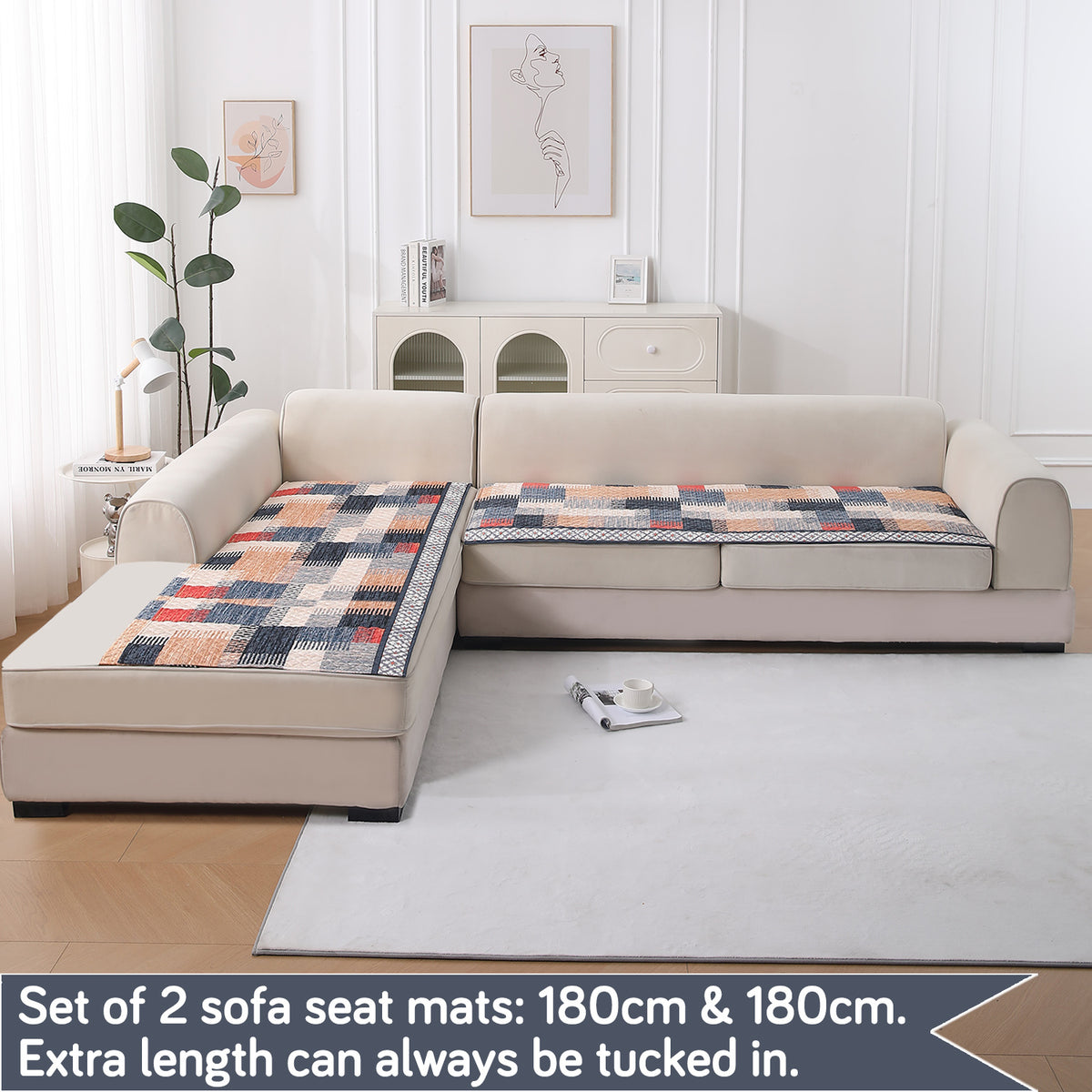 LiefNest Printed Holland Velvet L Shape Sofa Seat Mat with Foam Filling - Urban Grid Multicolor